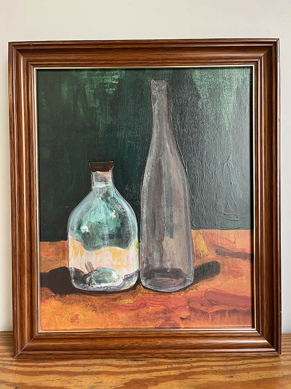 ACRÍLICO SOBRE TABLA.BODEGON BOTELLA Y TARRO.42X50